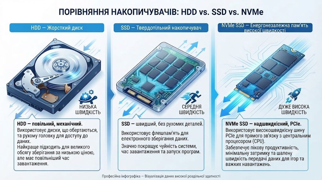 Еволюція накопичувачів: Від важких механічних динозаврів до космічних швидкостей NVMe