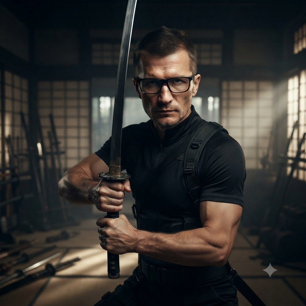 A dark, atmospheric portrait of Sergey, holding a katana sword in a dojo. He wears black tactical clothing and dark sunglasses, with visible arm tattoos. This image represents the "Sergey" figure from the narrative, set against a traditional Japanese backdrop, symbolizing a modern-day warrior's resolve