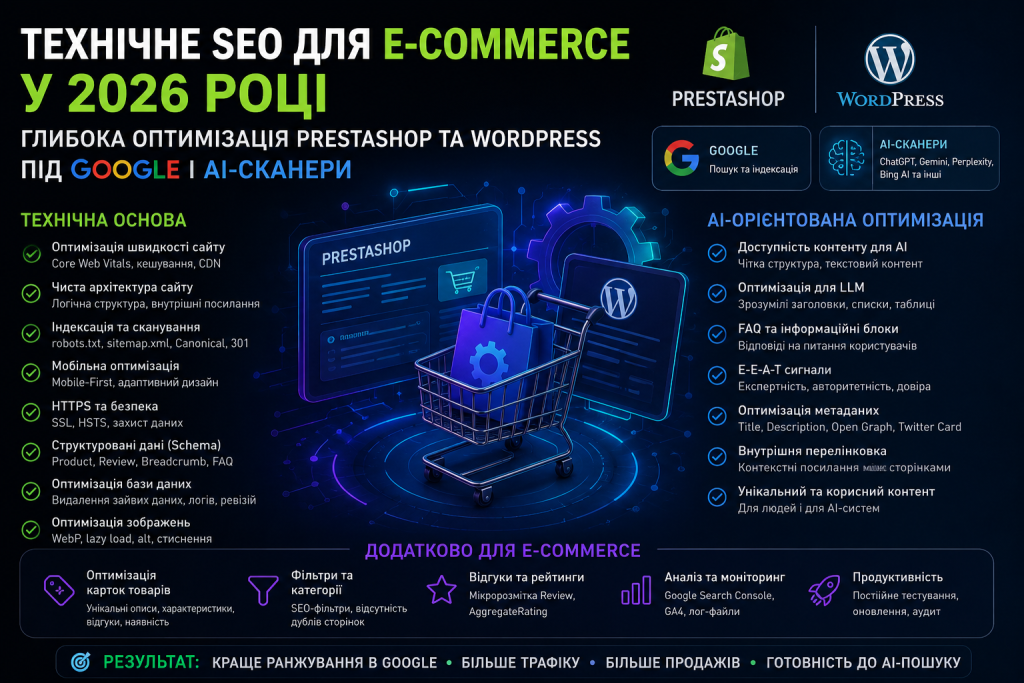 Технічне SEO для e-commerce: Як підготувати PrestaShop та WordPress до вимог пошуковиків і AI-асистентів